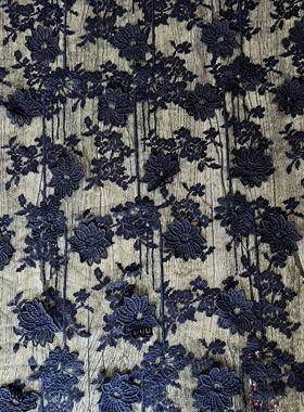 新款藏青色立体花朵微弹蕾丝布料夏季高档旗袍连衣裙服装面料