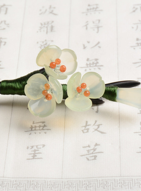 天然玉石发簪精雕梅花DIY黑檀木
