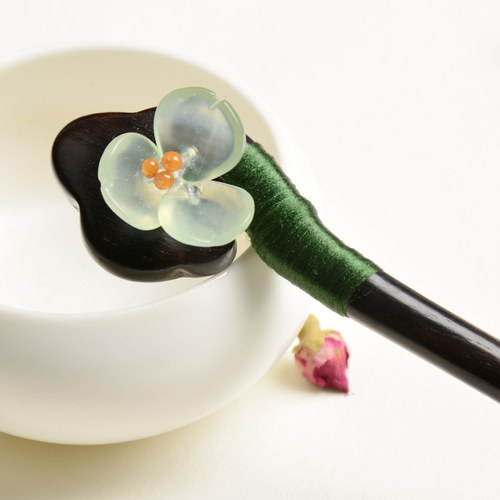 岫玉发簪 古典天然玉簪子 发钗旗袍古装黑檀木头饰 中国风饰品 - 图1