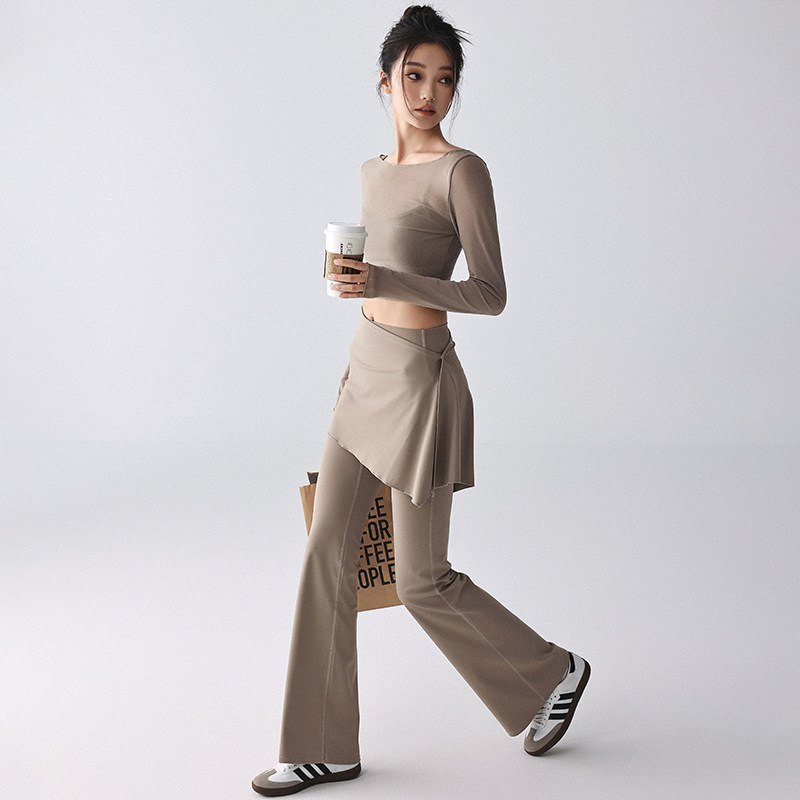 假两件瑜伽服长袖女秋季网纱速干带胸垫运动上衣跑步训练健身套装,淘宝优惠券,粉丝福利购,淘宝优惠卷