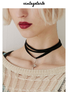 VINTAGETASTE 废土风y2k四角星芒吊坠设计感绒绳颈链项链choker