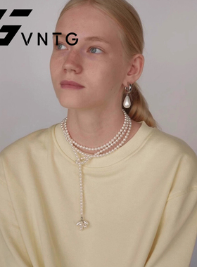 VINTAGETASTE 复古珍珠花蕊吊坠白色多层毛衣链项链小众设计感ins