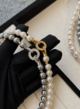 法式真多麻铂金银灰色珍珠项链