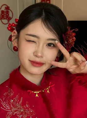 新娘头饰森系红色花朵蝴蝶发夹发簪结婚敬酒服跟妆造型发饰配饰