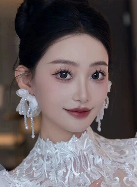 温柔仙~氛围感雪纺水晶蝴蝶结流苏耳环高级感小众设计气质简约