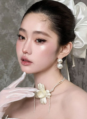 新款花朵锁骨链新娘婚纱礼服仙气蝴蝶窜珠美背流苏项链