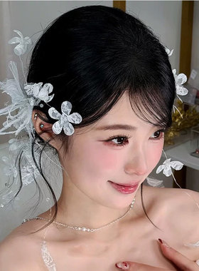 森系超仙白色羽毛蕾丝花朵对夹婚纱礼服结婚造型新娘头饰流苏结婚