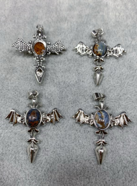 天然彼得石镶嵌天使翅膀吊坠男女款白铜托欧美风水晶饰品项坠配饰