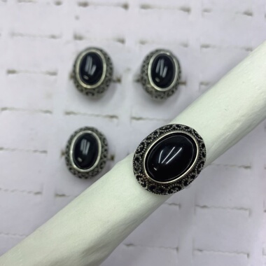 天然黑玛瑙戒指女款复古白铜托活口民族风时尚韩版饰品10*14mm