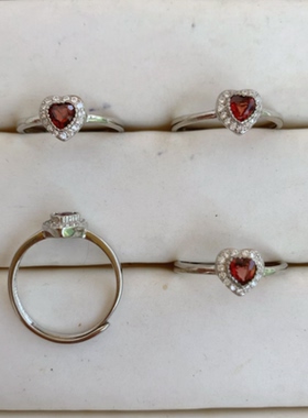 s925纯银天然石榴石爱心戒指女款活口时尚个性简约百搭饰品礼物