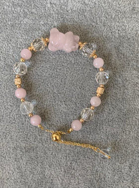 天然粉晶小熊设计款手链女 14K金抽拉扣百搭饰品水晶手串设计款
