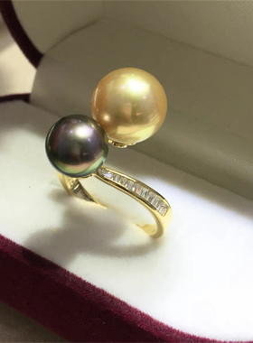 金色银色T方锆双珠交叉开口戒指