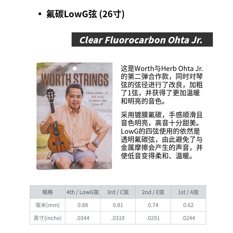 日本Worth尤克里里LowG琴弦Herb Ohta Jr合作定制氟碳指弹Ukulele - 图0