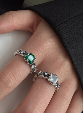 新款s925纯银祖绿极光莫兰迪锆石开口戒指女小众设计高级冷淡风