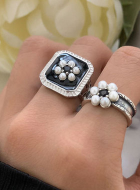 黑色滴釉花朵食指银戒指女小众设计复古港风时尚甜酷叠戴指环潮