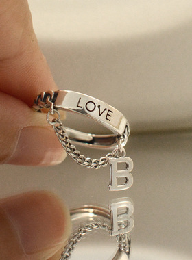 韩版S925银字B戒指女复古时尚流苏LOVE开口指环气质嘻哈食指戒