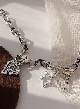 新款s925纯银手链女个性心锁气质百搭复古时尚粗手环韩国学生潮