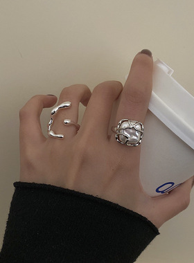 日韩S925银月牙戒指女复古时尚气质珍珠藤蔓开口指环优雅食指戒潮