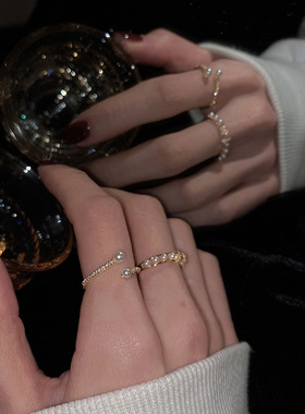 韩版小众设计珍珠水钻交叉镶钻戒指女轻奢风时尚个性百搭高级指环