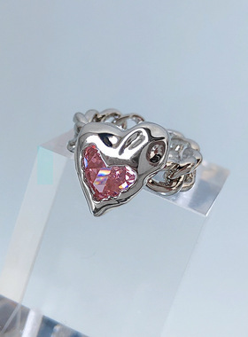 新款 爱心开口戒镶嵌粉宝石情侣款金属戒指个性ins嘻哈时尚指环
