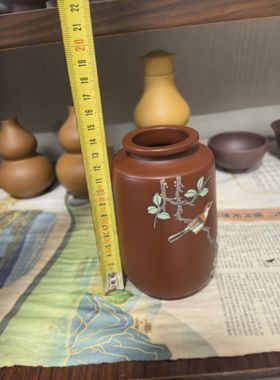 满意紫砂全手工制作精品朱泥大红袍泥绘小插花瓶