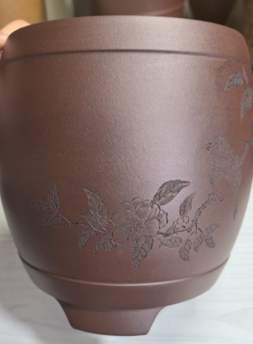 满意紫砂全手工制作精品细紫泥紫砂刻绘花盆高19口16卖掉了可定制