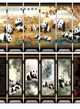 复古漆器山水六扇折叠屏风摆件