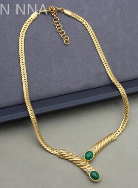 Vintage宝家翠法丽复刻小众简约中古灵蛇素金项链天然石美杜莎