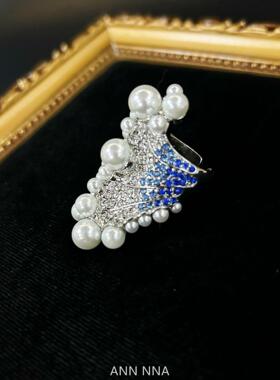 中古蓝色珠珠戒指高级感海浪造型仿珍珠戒指开口可调节经典款戒指