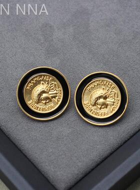 欧美小众古币耳环黑金珐琅纽扣耳钉铜镀24K真金设计师款首饰耳饰