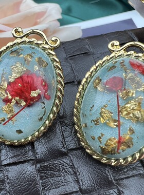 孤品中古vintage Monet莫奈真花真金箔果冻琉璃耳钉复古宫廷风