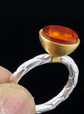保真镀金镶天然波兰琥珀拉丝银