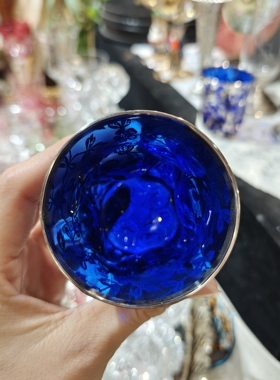 新品蓝色玻璃腊鎏银酒杯一只