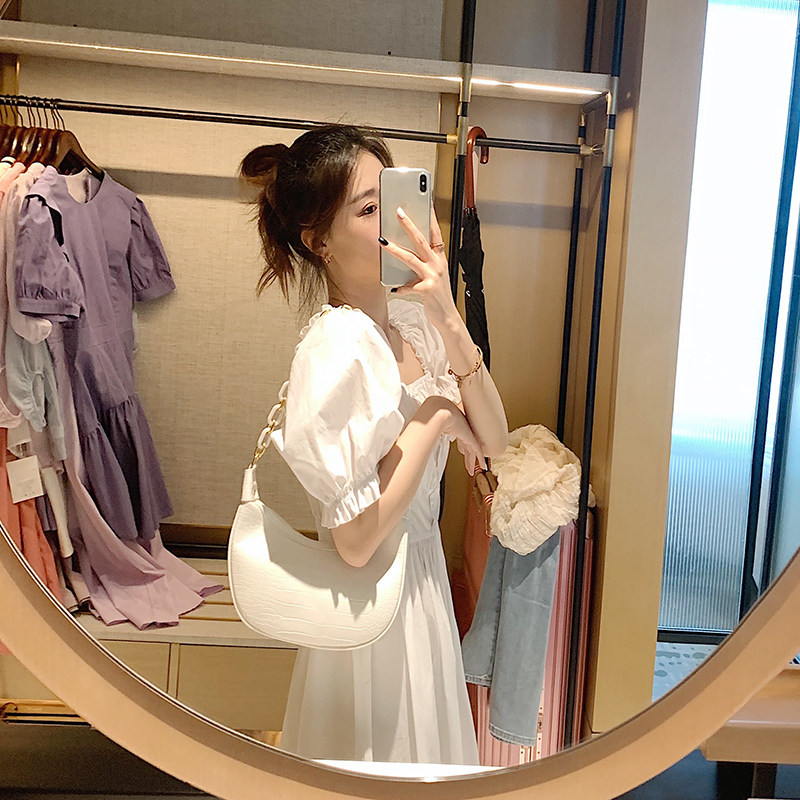 法式木耳边方领女夏新款短袖连衣裙 陈小希 定制女装店连衣裙