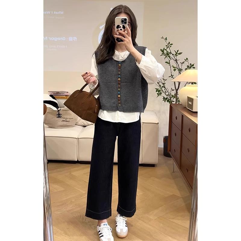 深蓝色直筒牛仔裤女春季大码小个子梨形身材高腰显瘦阔腿九分裤子 - 图2