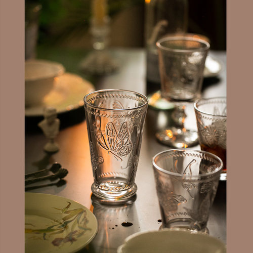 法式蝴蝶浮雕透明玻璃杯 水杯复古中古风饮料杯咖啡杯高脚红酒杯 - 图0