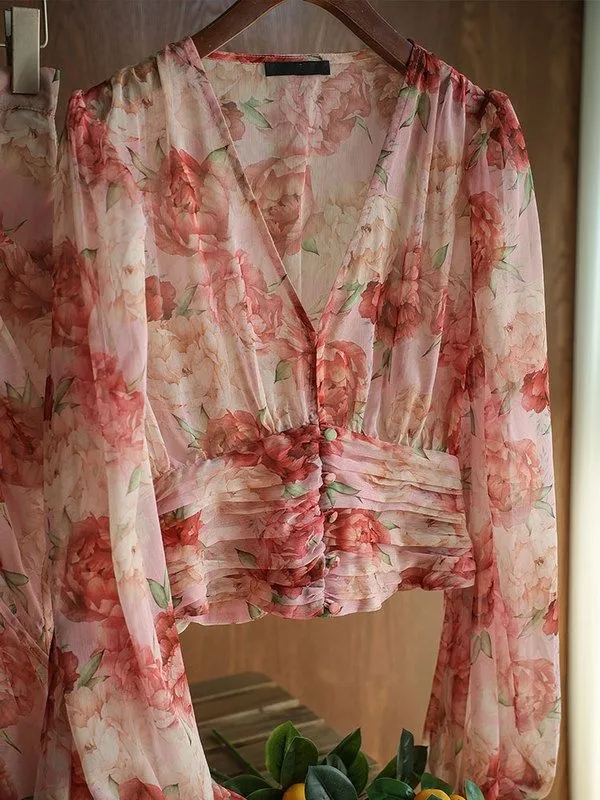 粉色玫瑰碎花雪纺衬衫女2024新款泡泡袖衬衣设计感法式宫廷风上衣