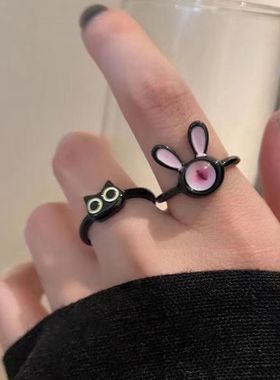童趣搞怪少女黑猫小怪兽大眼仔创意戒指女甜酷可爱百搭情侣手饰品