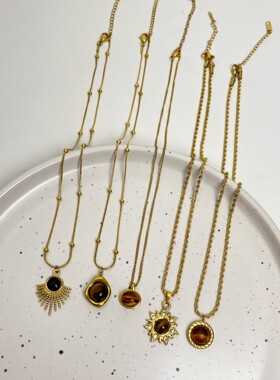 美拉德虎眼石钛钢不掉色项链女轻奢小众复古高级感毛衣链配饰吊坠