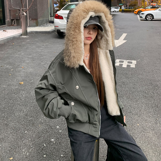 2025复古座山雕可拆卸毛领棉服女冬季派克服宽松加厚短款工装外套