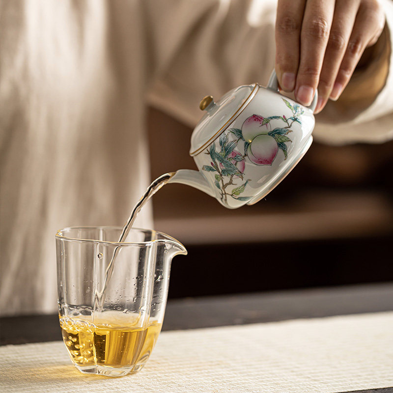 三点水纯手绘粉彩寿桃茶壶陶瓷泡茶单壶办公室一人喝小品壶功夫茶