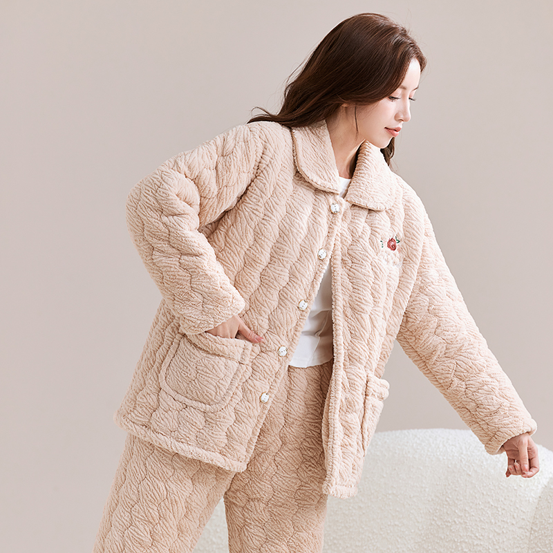 【省服三层夹棉加厚】睡衣女冬季翻领开衫保暖袄可外穿家居服套装 - 图0