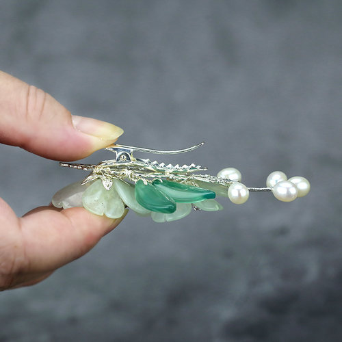 墨涧花饰品 浅绿岫玉樱花发夹鸭嘴夹森系古风汉服发饰头饰 - 图1