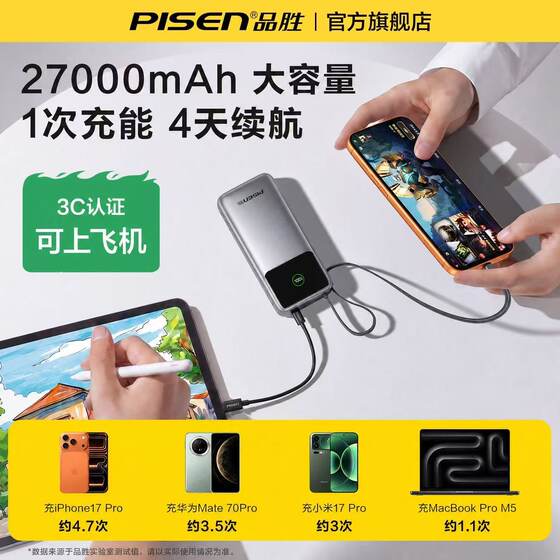 3C认证品胜67W充电宝27000毫安130W快充超大容量官网旗舰店正品户外移动电源适用华为小米苹果17手机笔记本65