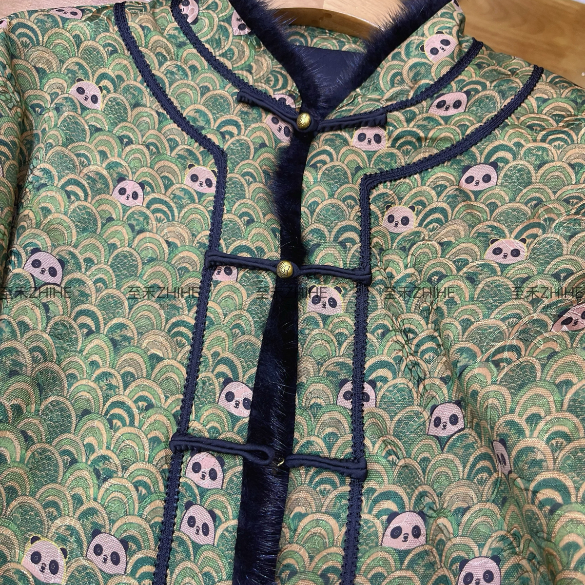 MOM冬上新新中式人丝香云纱拼水貂毛熊猫加棉短外套t1625 - 图1