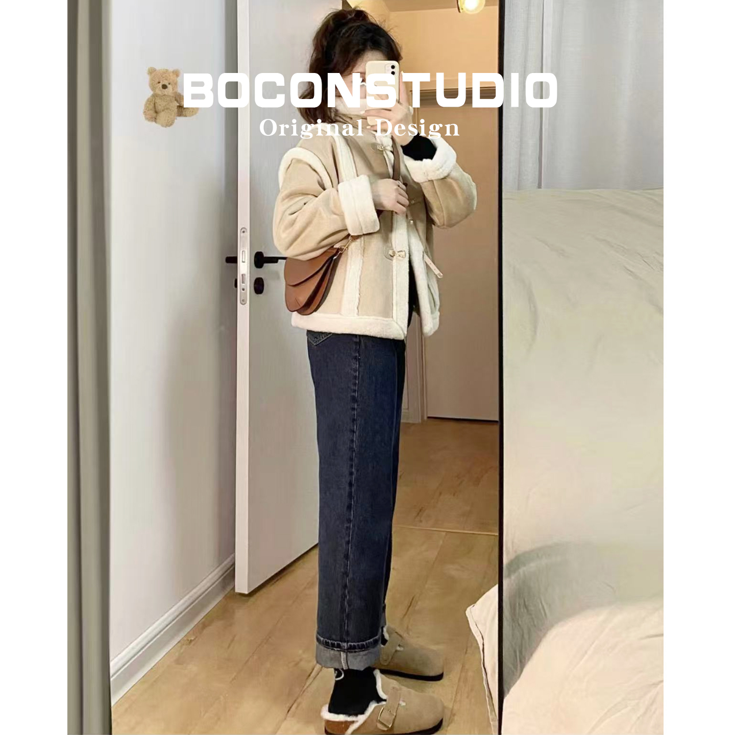 【限时78】真皮勃肯鞋女秋冬加绒毛毛半拖鞋足弓支撑博肯厚底棉鞋 - 图0