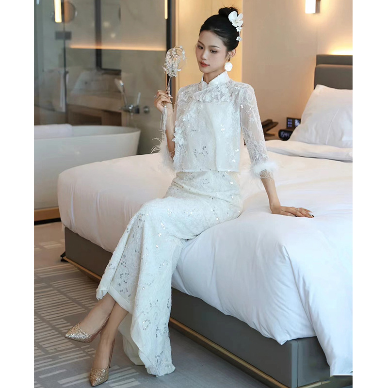 订婚礼服新中式领证登记连衣裙敬酒服2025新款新娘套装白色旗袍女 - 图3