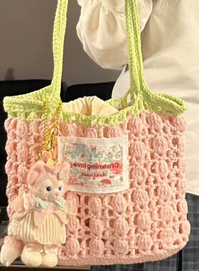 手工编织单肩包成品海盐芝士波波包圆纱夏日包拼色镂空材料