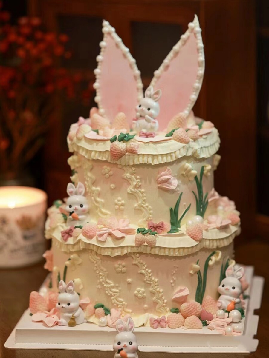 可爱兔宝宝生日蛋糕装饰摆件满月百天男孩女孩小兔子甜品台插件