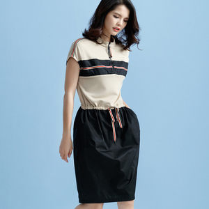 邑品立领拉链拼接撞色短袖中裙2023夏装新款收腰抽绳黑色连衣裙女